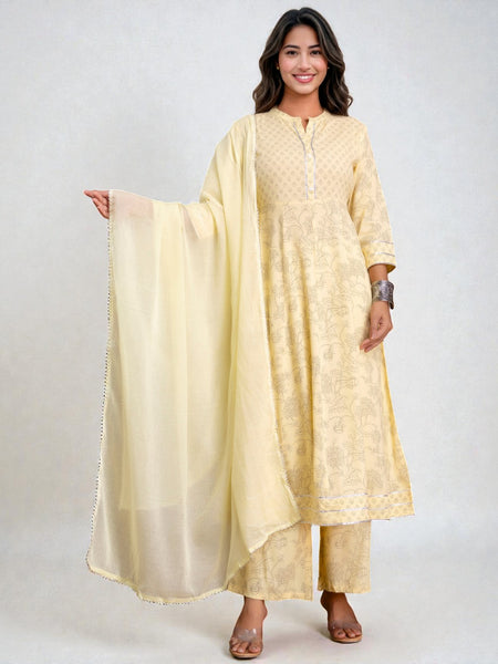 Miramaar Women's Yellow Anarkali Embroidered Kurta Dupatta Set
