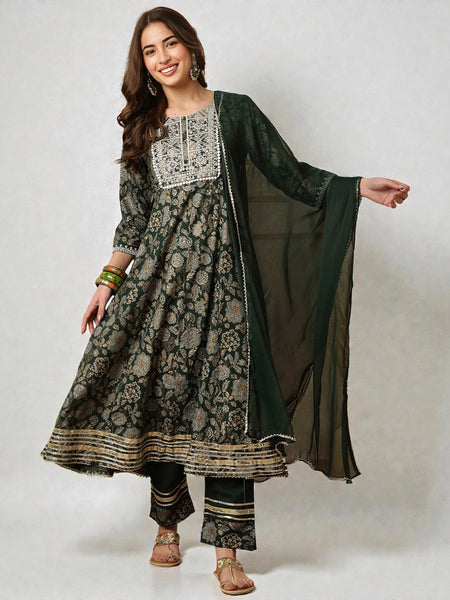 Miramaar Women's Green Foil Print Rayon Anarkali Embroidered Kurta Pant with Dupatta