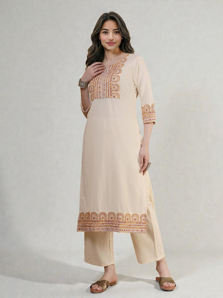 Miramaar Women's Off White Round Neck Embroidered Kurta Pant Set