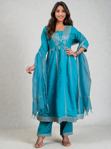 Miramaar Women's Roman Shimmer Embroidered Blue Kurta Pant with Dupatta