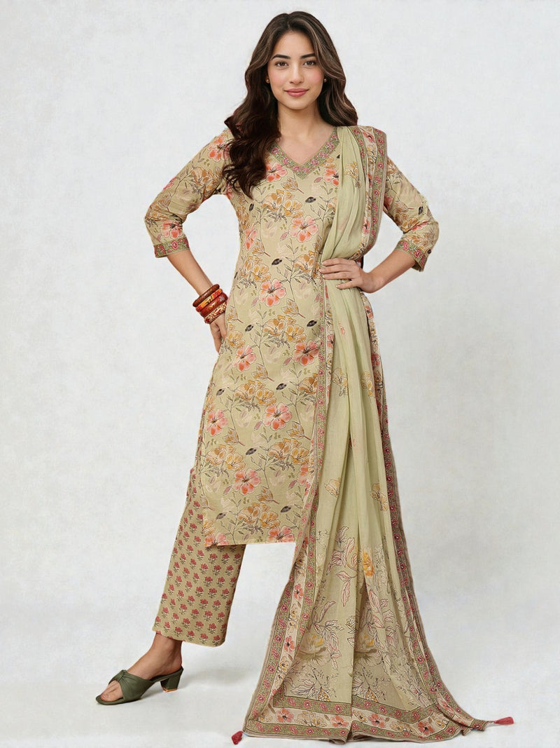 Miramaar Women's Beige Hand Work Cotton V-Neck Kurta Pant with Dupatta