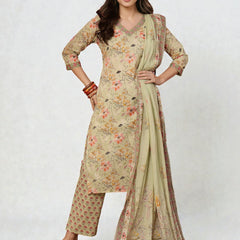 Miramaar Women's Beige Hand Work Cotton V-Neck Kurta Pant with Dupatta