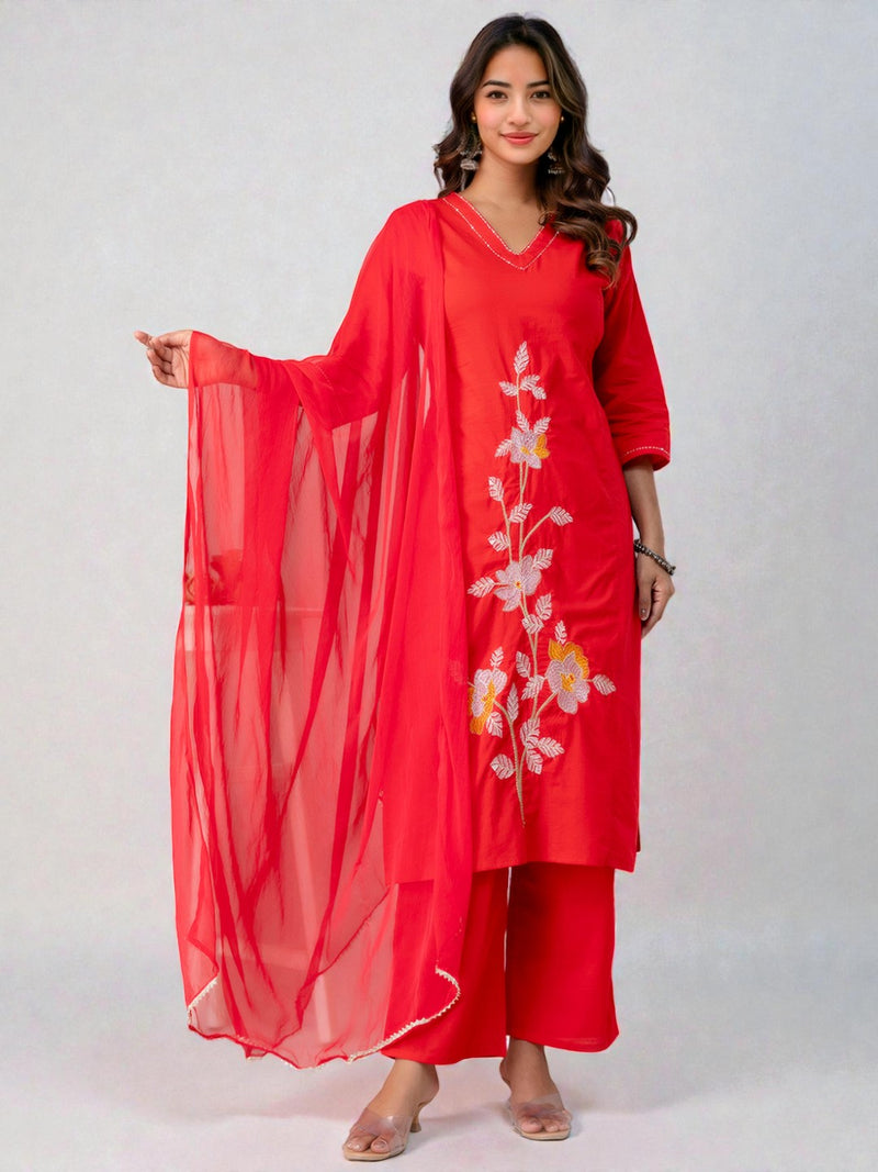 Miramaar Women's Red Cotton Embroidered Solid Kurta Pant Dupatta