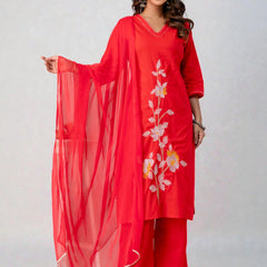Miramaar Women's Red Cotton Embroidered Solid Kurta Pant Dupatta