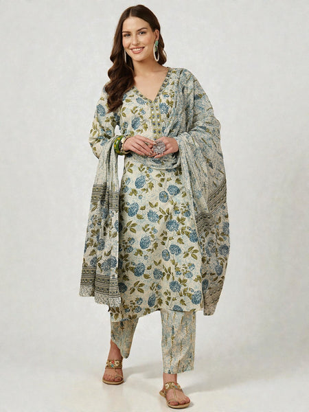 Miramaar Women's Green Block Print Straight Kurta Pant with Dupatta