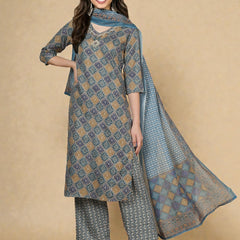 Miramaar Women's Blue Printed Straight Adda Work Kurta Set with Dupatta