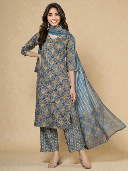 Miramaar Women's Blue Printed Straight Adda Work Kurta Set with Dupatta