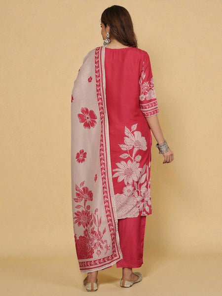 Miramaar Women's Magenta Digital Print Straight Muslin Kurta Set with Dupatta