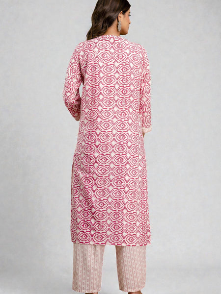 Miramaar Women's Pink Cotton Straight Embroidered Printed Kurta Pant with Dupatta