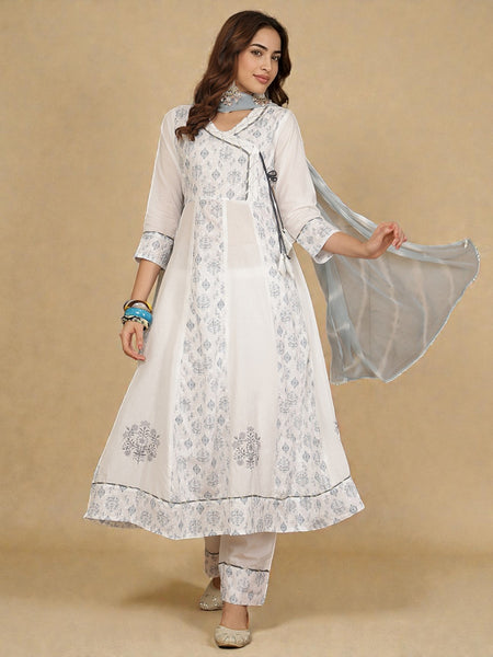Miramaar Women's White Cotton Schiffli Anarkali Kurta Set with Dupatta