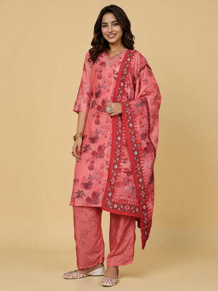 Miramaar Women's Peach Digital Print Straight Muslin Kurta Set with Dupatta