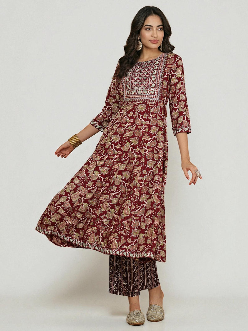 Miramaar Women's Purple Rayon A-Line Kurta Set with Neck Embroidery