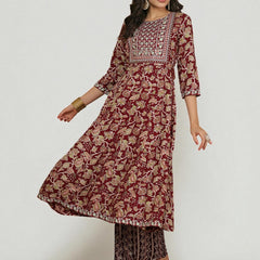 Miramaar Women's Purple Rayon A-Line Kurta Set with Neck Embroidery