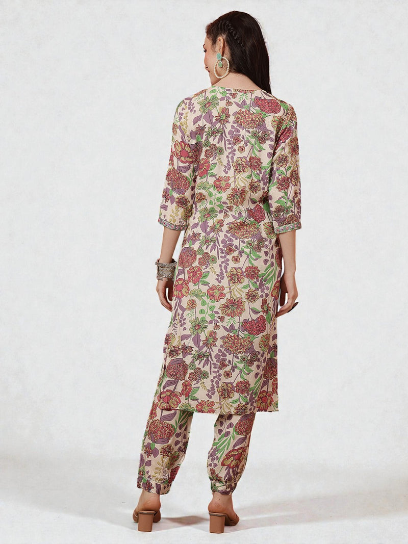 Miramaar Women's Beige Printed Viscose Rayon Kurta Set