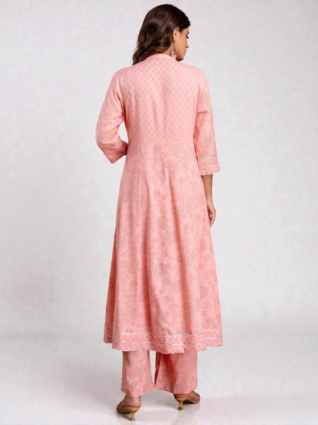 Miramaar Women's Peach Anarkali Embroidered Kurta Dupatta Set