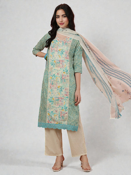 Miramaar Women's Green Straight Cotton Schiffli Kurta Dupatta Set