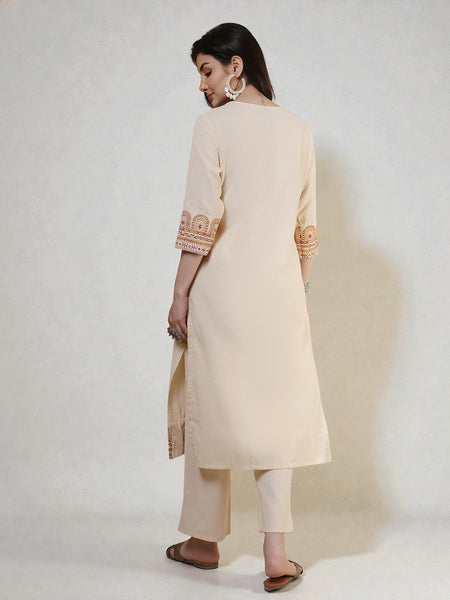 Miramaar Women's Off White Round Neck Embroidered Kurta Pant Set