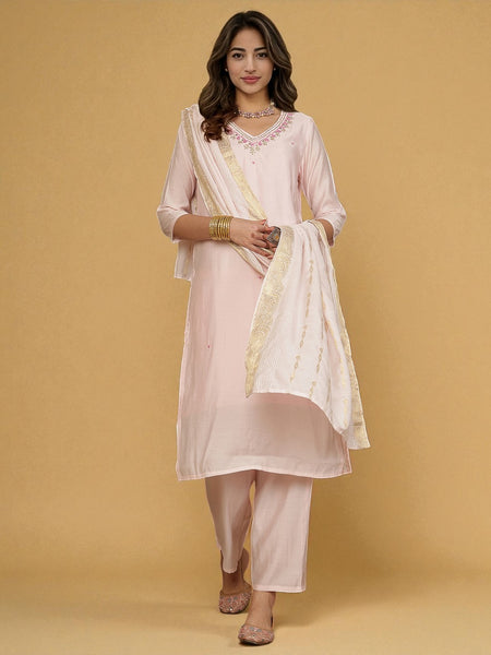 Miramaar Women's Pink Roman Silk Straight Kurta Set with Dupatta