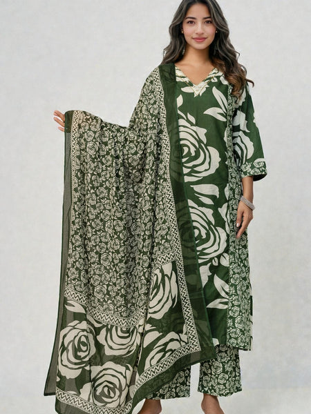 Miramaar Women's Straight Green Printed Adda Work Kurta Pant with Dupatta