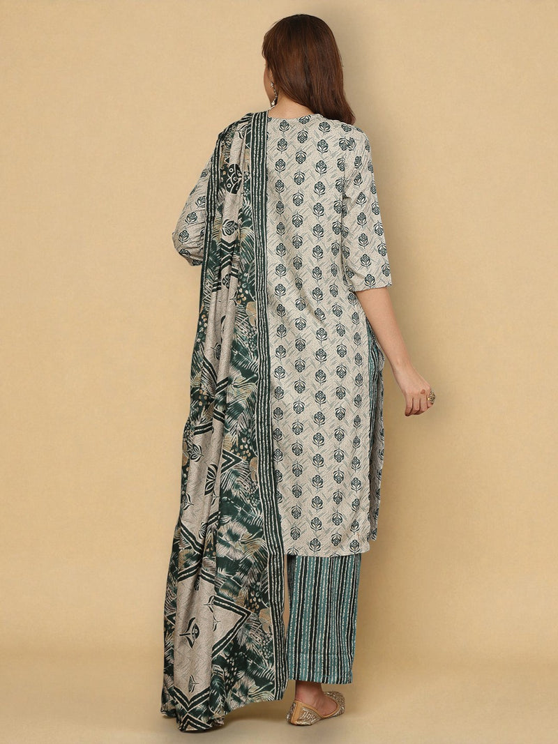 Miramaar Women's Off-White & Green Rayon Straight Kurta Set with Dupatta & Lace Work
