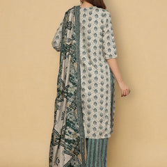 Miramaar Women's Off-White & Green Rayon Straight Kurta Set with Dupatta & Lace Work