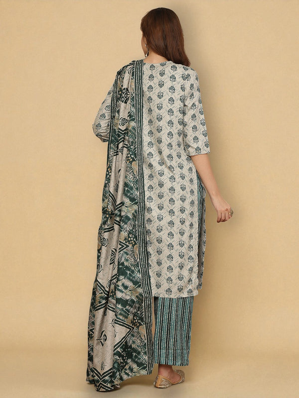 Miramaar Women's Off-White & Green Rayon Straight Kurta Set with Dupatta & Lace Work