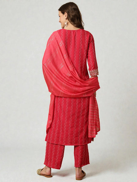 Miramaar Women's Red Sequence Work Vatican Silk Straight Kurta Pant with Dupatta