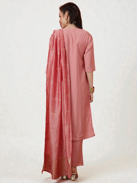 Miramaar Women's Pink Roman Silk Adda Work Straight Kurta Dupatta Set