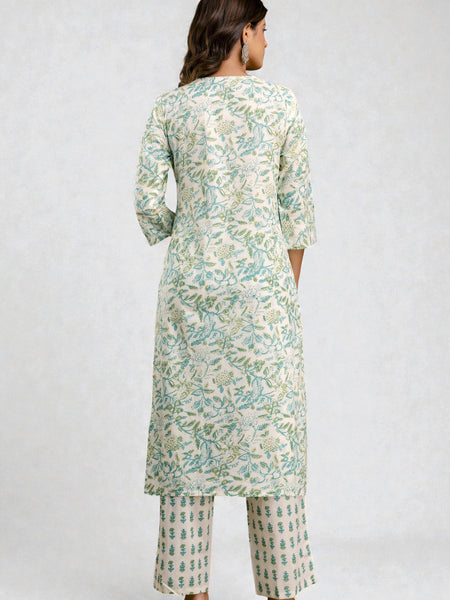 Miramaar Women's Green Straight Adda Work Cotton Kurta Pant with Dupatta