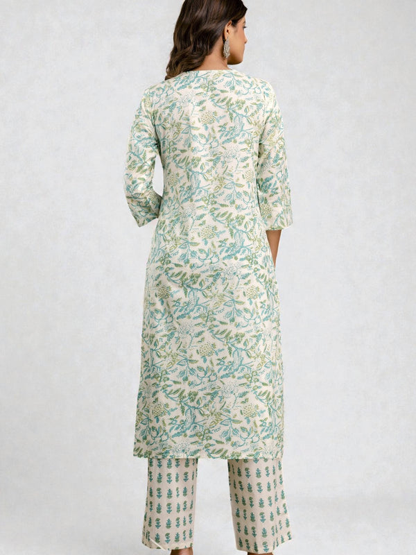 Miramaar Women's Green Straight Adda Work Cotton Kurta Pant with Dupatta