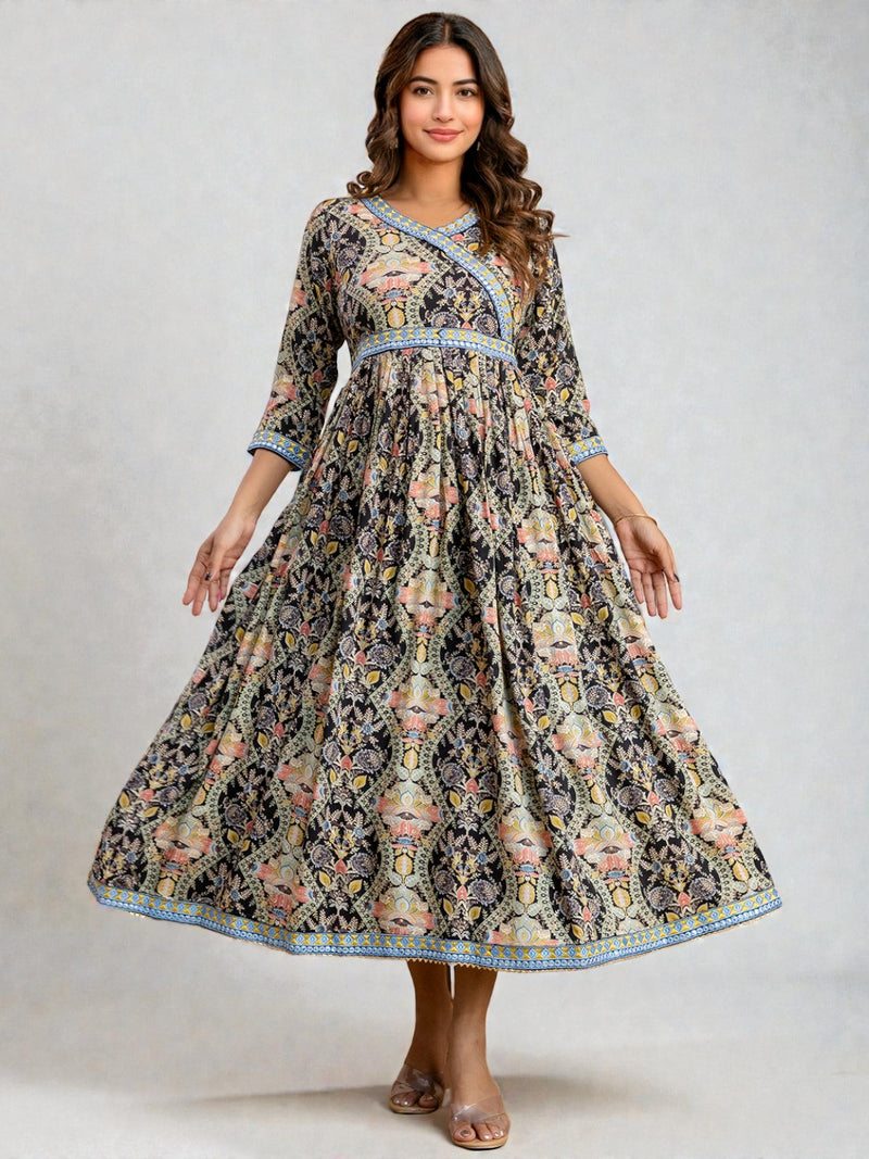 Miramaar Women's Printed Blue Rayon Fit and Flare Dress