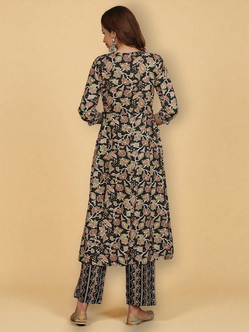 Miramaar Women's Black Rayon A-Line Embroidered Kurta Set