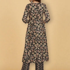 Miramaar Women's Black Rayon A-Line Embroidered Kurta Set