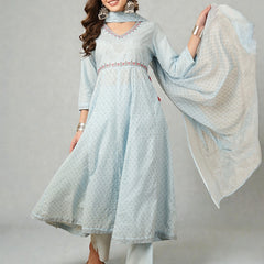 Miramaar Women's Sky Blue Cotton Anarkali Embroidered Kurta pant with Dupatta