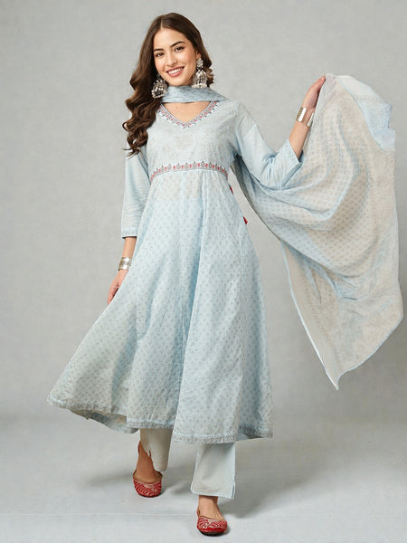 Miramaar Women's Sky Blue Cotton Anarkali Embroidered Kurta pant with Dupatta