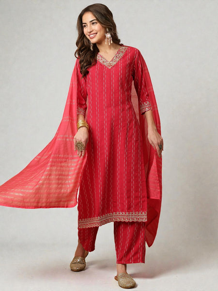 Miramaar Women's Red Sequence Work Vatican Silk Straight Kurta Pant with Dupatta