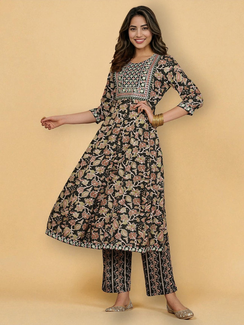 Miramaar Women's Black Rayon A-Line Embroidered Kurta Set