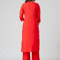 Miramaar Women's Red Cotton Embroidered Solid Kurta Pant Dupatta