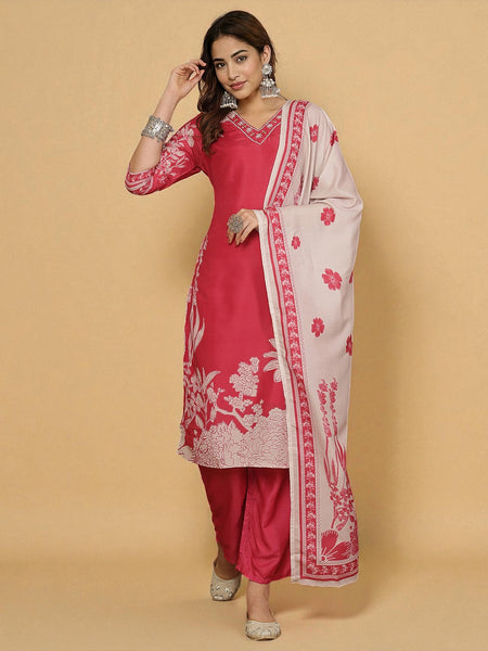 Miramaar Women's Magenta Digital Print Straight Muslin Kurta Set with Dupatta