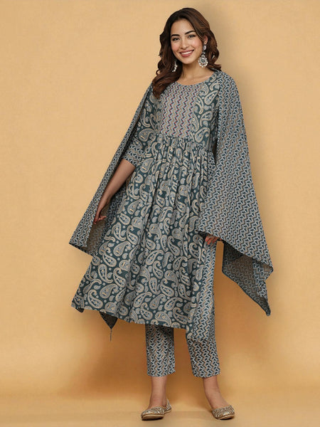 Miramaar Women's Green Printed Rayon A-line Embroidered Salwar Suit Set