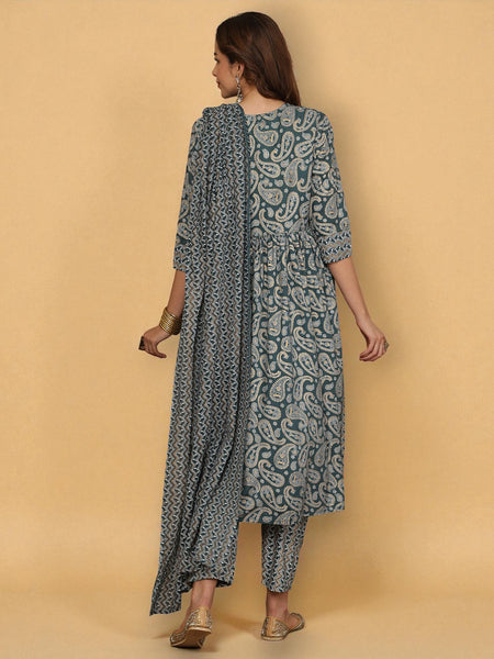 Miramaar Women's Green Printed Rayon A-line Embroidered Salwar Suit Set