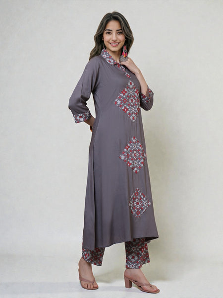 Miramaar Women's Grey Rayon Slub Printed Kurta Pant Set