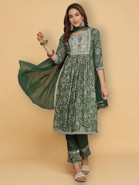 Miramaar Women's Green Rayon A-Line Kurta Set with Dupatta