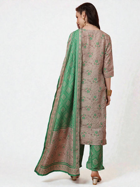 Miramaar Women's Green Muslin Printed Straight Adda Work Kurta Dupatta Set