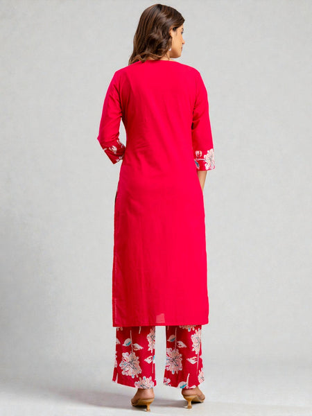 Miramaar Women's Magenta Cotton Straight Adda Work Kurta Set with Dupatta