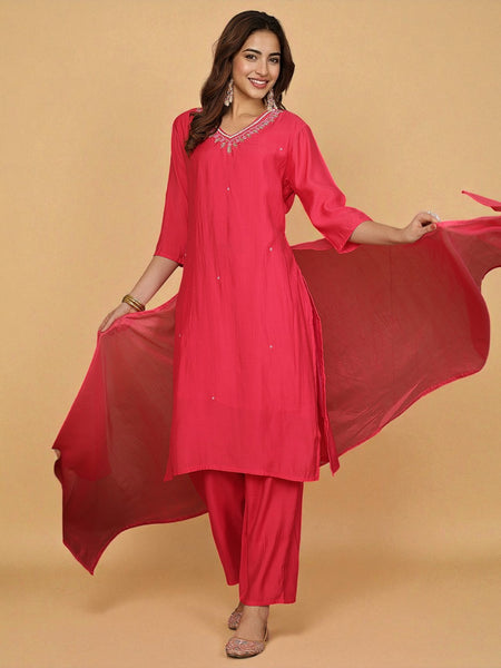 Miramaar Women's Pink V-Neck Roman Silk Kurta Set with Dupatta