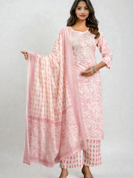 Miramaar Women's Pink Straight Adda Work Cotton Kurta Pant with Dupatta