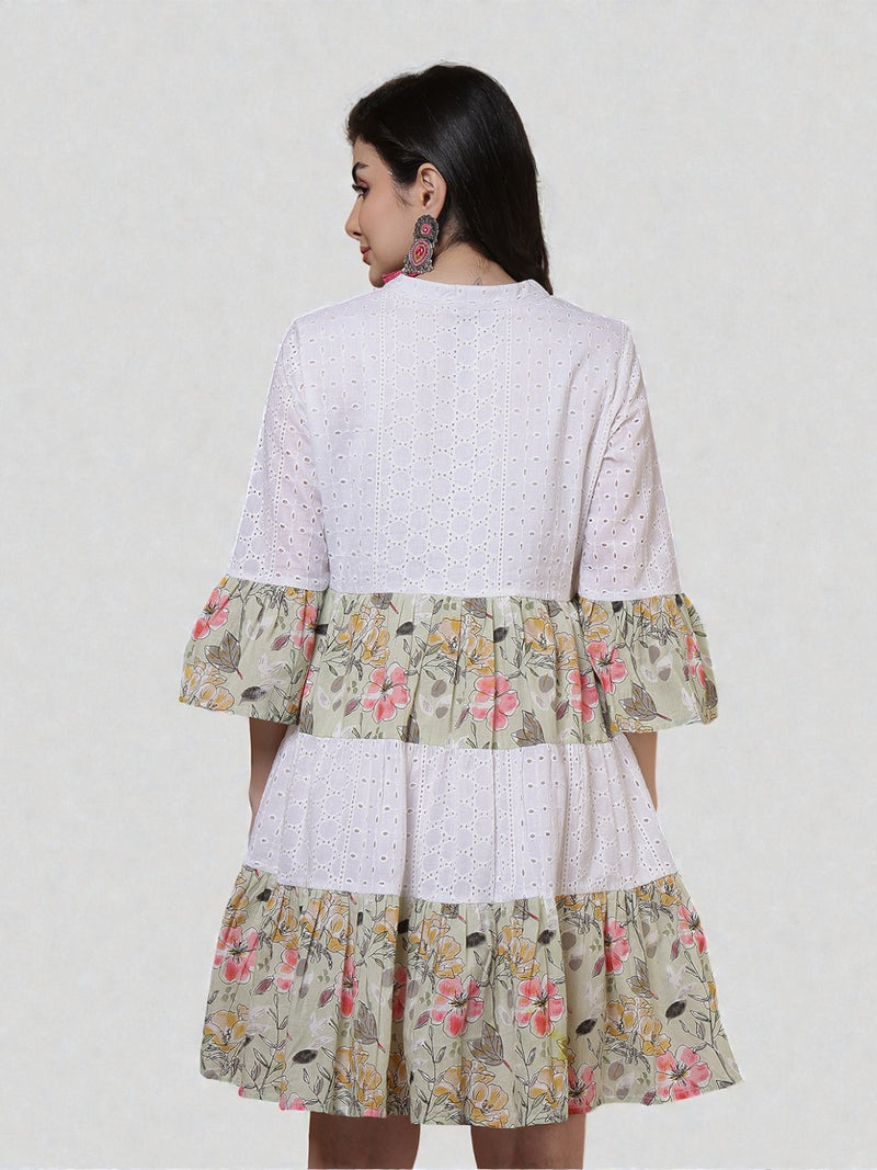 Miramaar Women's White & Green Mandarin Collar Embroidered Fit & Flare Dress