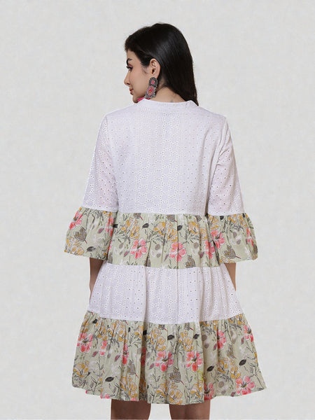 Miramaar Women's White & Green Mandarin Collar Embroidered Fit & Flare Dress