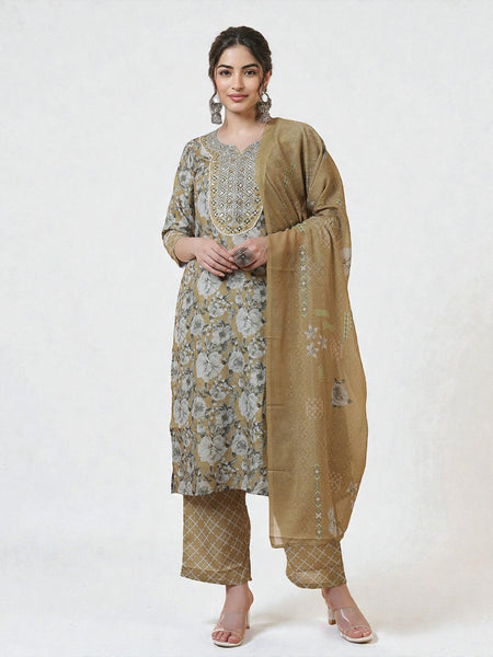 Miramaar Women's Green Lace & Hand Work Straight Kurta Pant with Dupatta